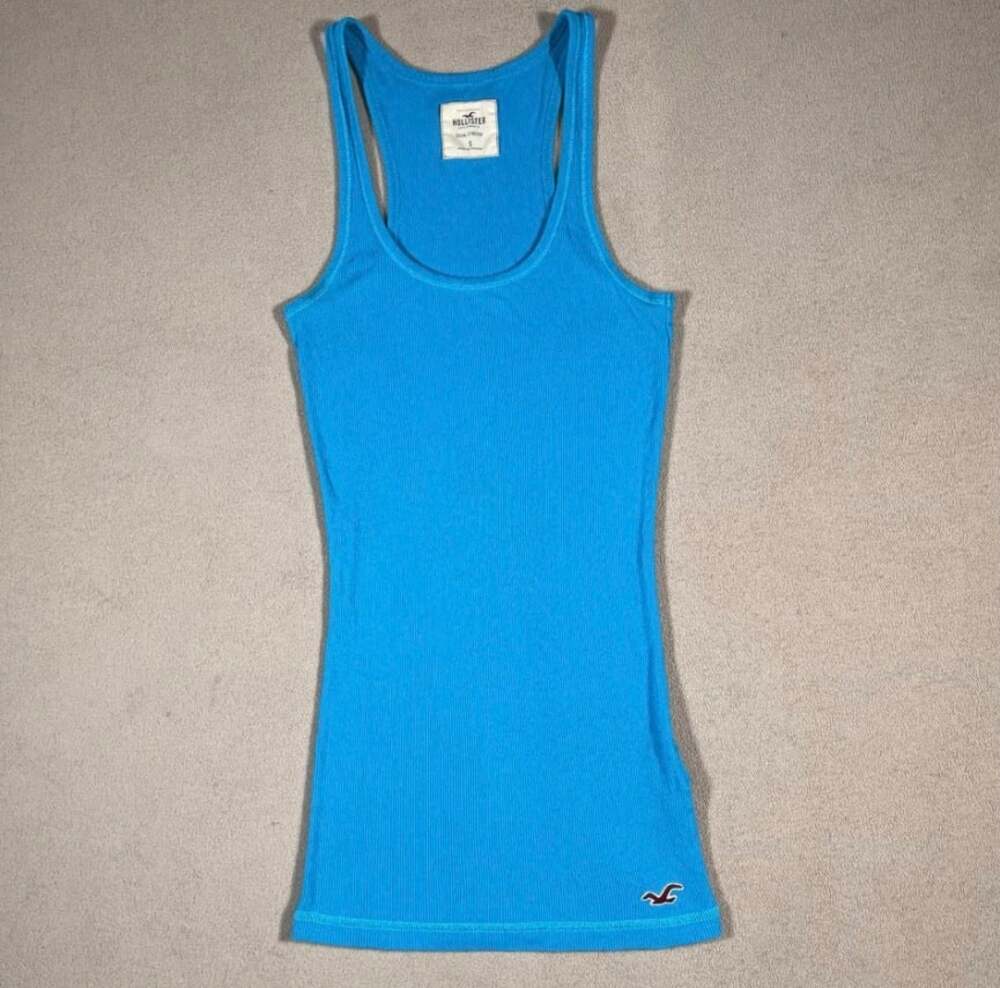VTG Y2K 2000s Hollister Ribbed Tank Top Cami Bella Swan Blue Logo Womens Sz S